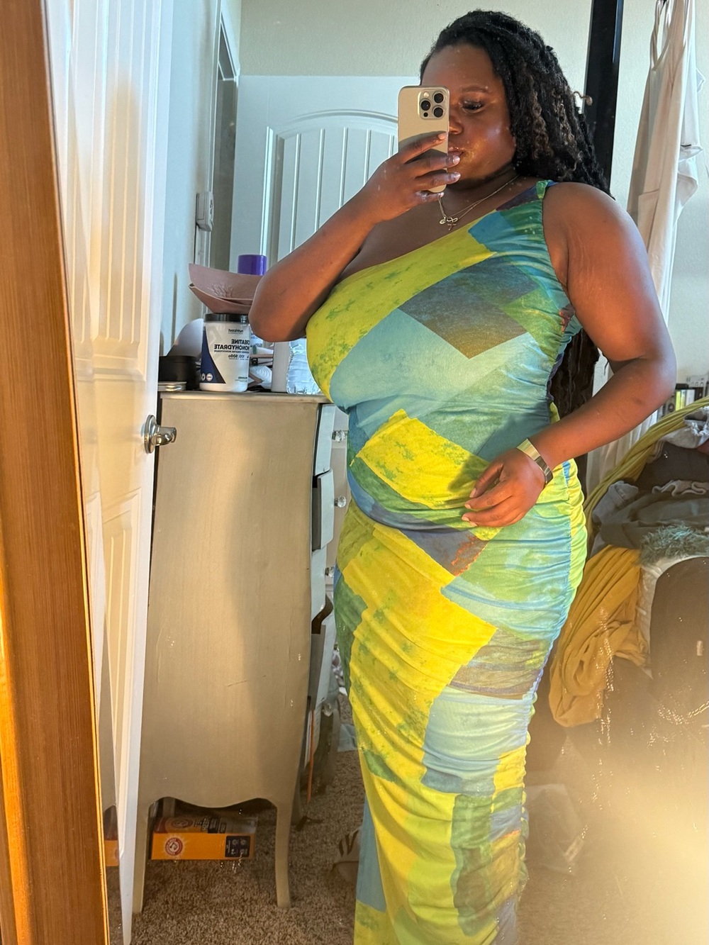 Fashion Nova One-Shoulder Colorblock Blue & Lime Green Bodycon Dress